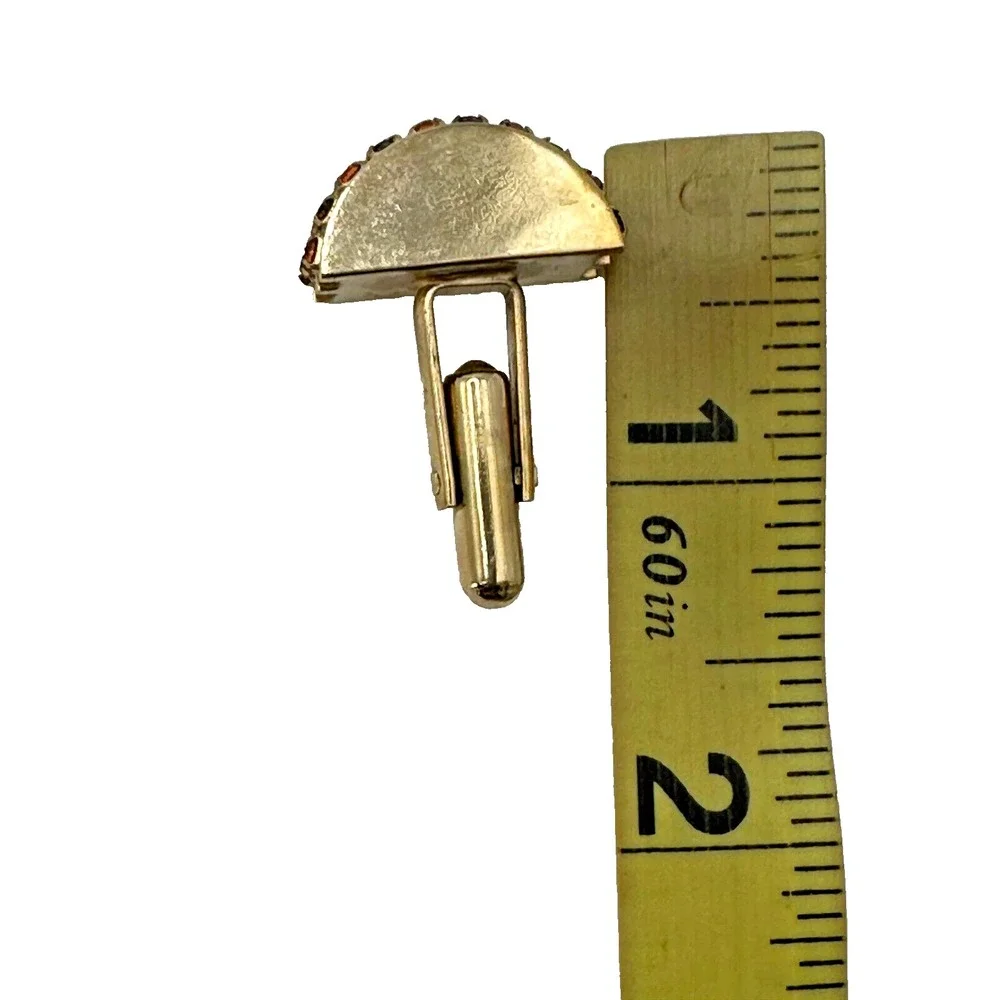 Art Deco Gold Tone Half Circle Orange Red Rhinestone Cufflinks Tie Tack Set